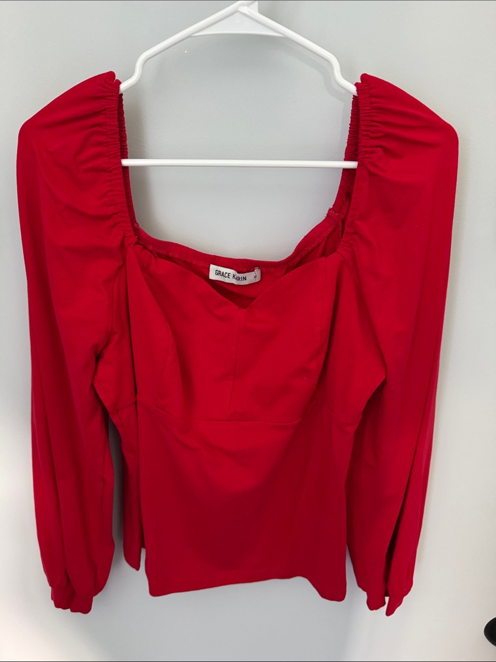 Grace Karin Vibrant Red Puff-Sleeve Sweetheart Neck Blouse